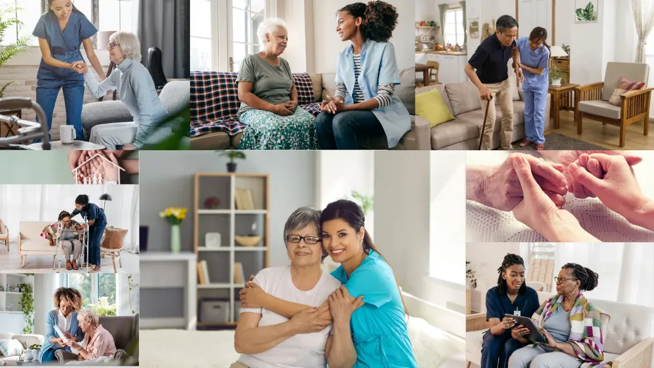 A collage of carers supporting elderly people at home